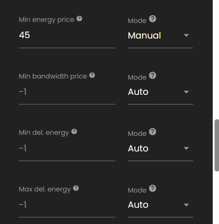 Tron Energy MarketのEnergyとBandwidthの価格・委任量設定画面