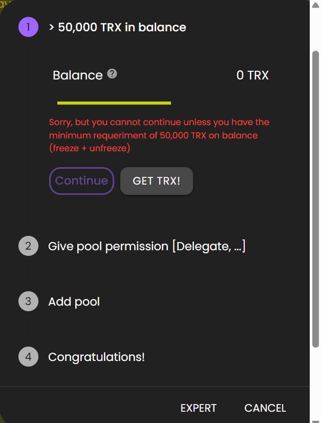 Tron Energy MarketのPool Wizardで最低50,000 TRXと業者用Permissionの条件を確認する画面