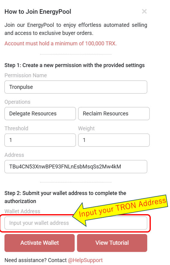 Tron PulseのJoin EnergyPool画面でWallet Addressを入力してActivate Walletを押す場所