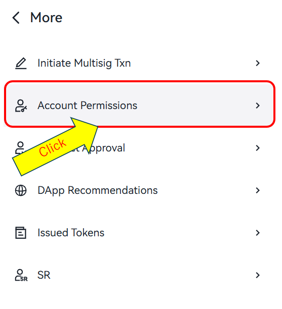 TronLinkのMore画面でAccount Permissionsを押す場所